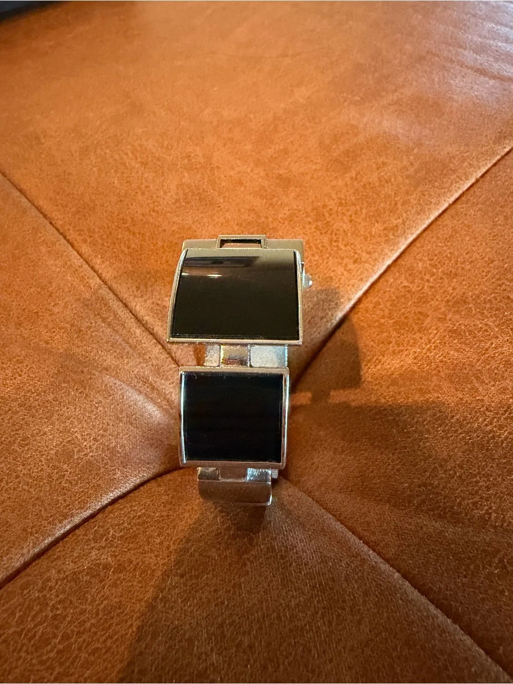 Vintage Narmi Square Statement Cuff Watch Silver & Black Hinged Bangle Bracelet
